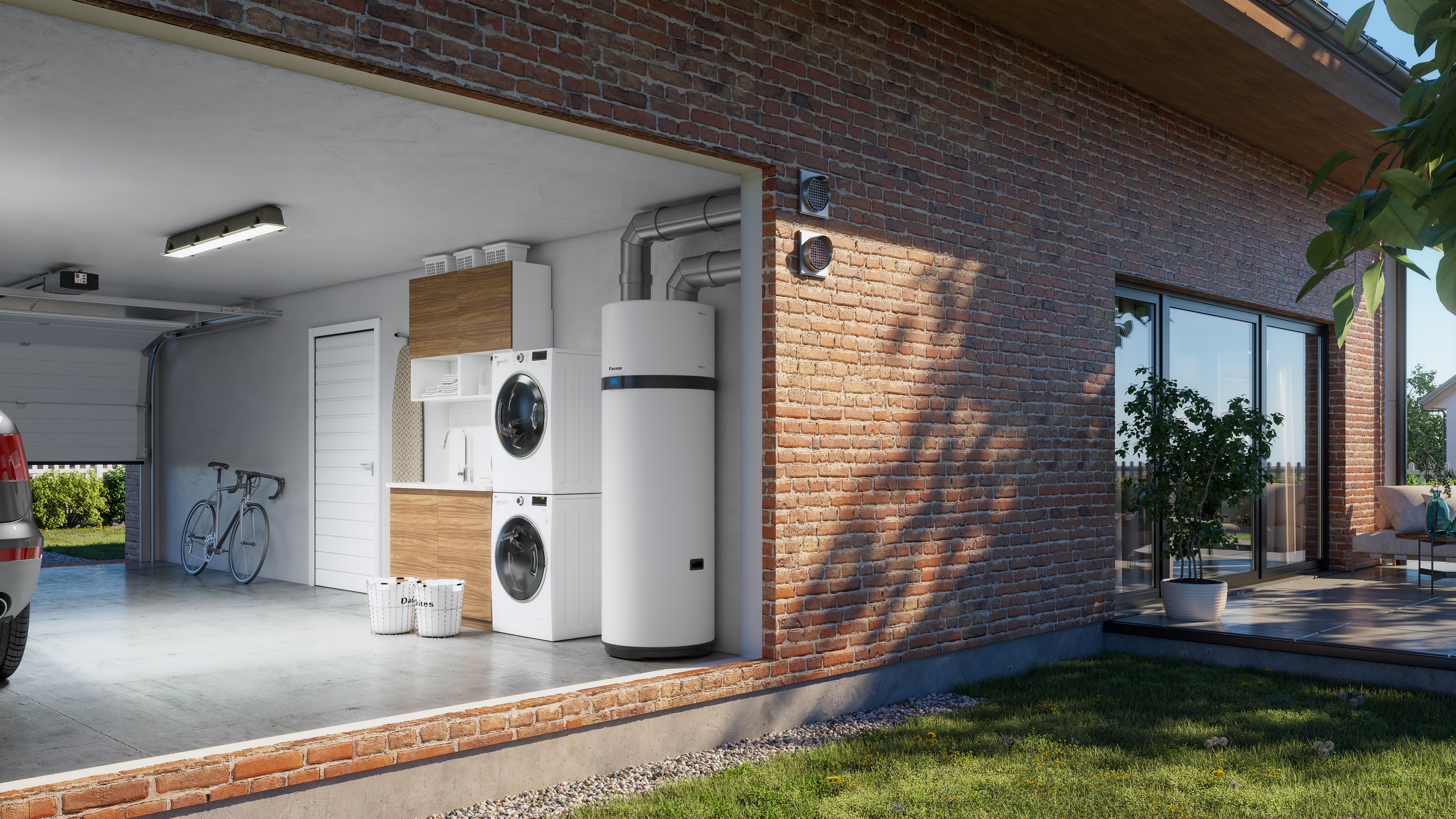 Domestic hot water tank using renewable energy installed in garage