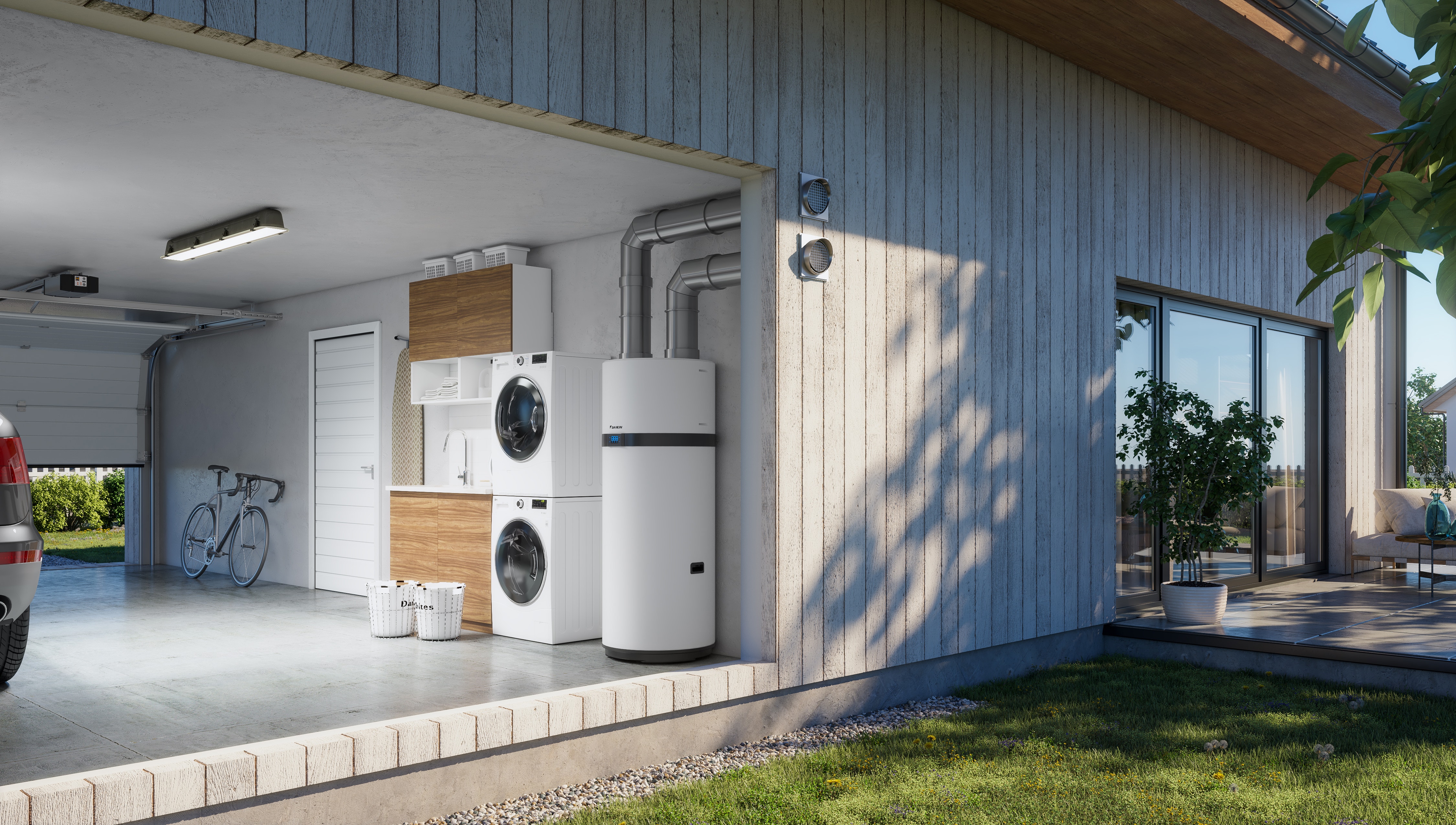 Domestic hot water tank using renewable energy installed in garage