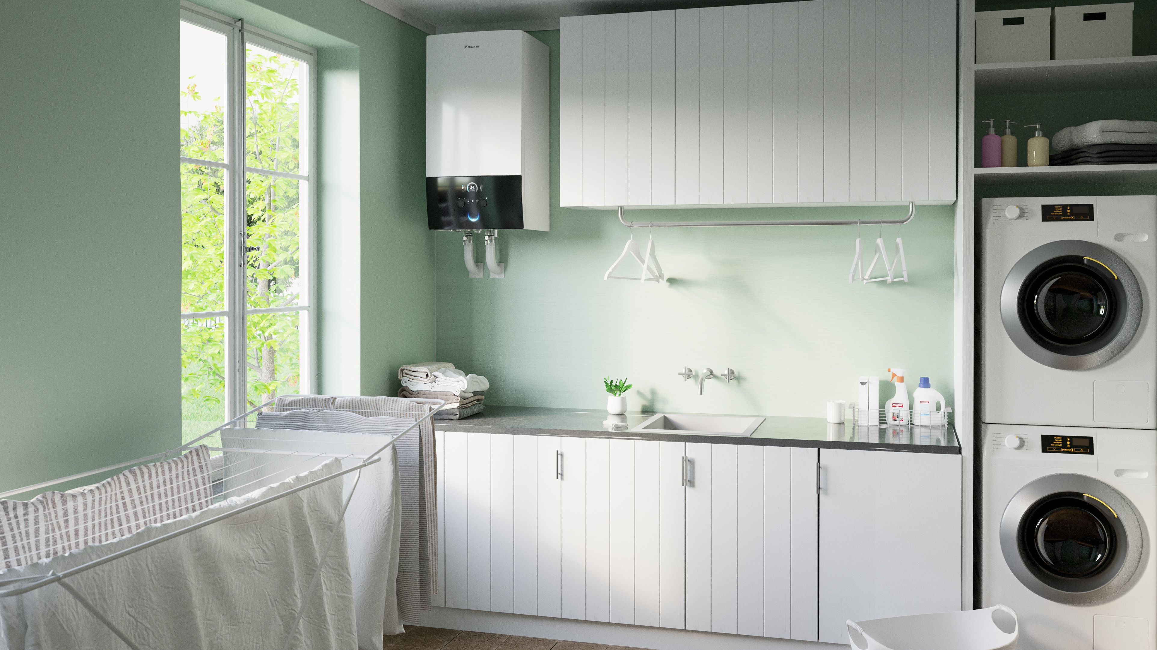 Wall-mounted air-to-water heat pump indoor unit installed in a home's laundry room